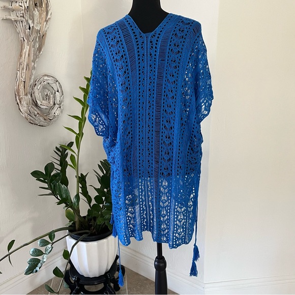 Open Knit Cover up Royal Blue Drawstring ruched sides one size - Picture 6 of 12